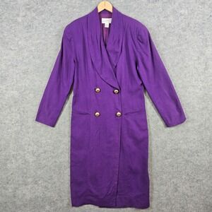Vintage Brenner Silk Purple Coat‎ Dress Size 13/14 Gold Button Double Breasted